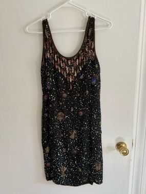 100% Silk,  rare vintage Hand beaded celestial mini dress